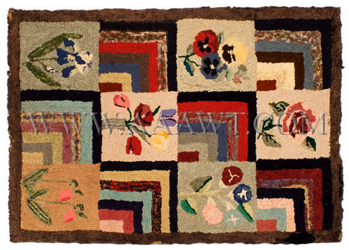 Antique Hooked Rug, Geometric and Floral Blocks, Wook, entire view